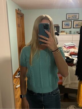 Light Teal Cable Knit Short Sleeve Sweater